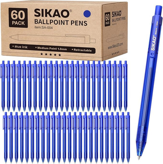 Blue Pens | 60 Pack Retractable Ballpoint Pens Multipack | Blue Ink Medium Point 1.0mm | Smooth Writing Ball Point Pens | School Office Supplies, Box of Pens Bulk (Blue Ink)