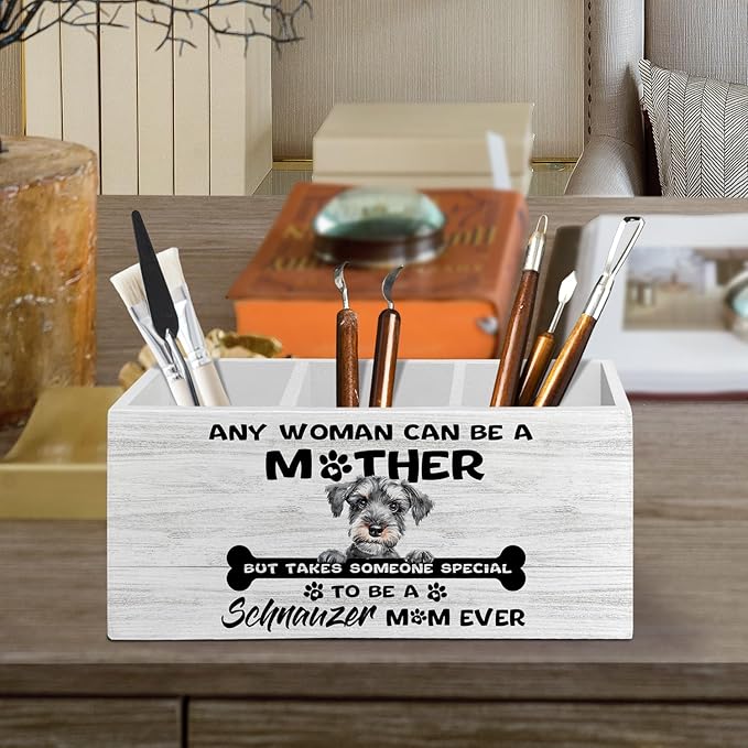 Schnauzer Gifts Pen Pencil Holder Organizer for Desk Accessories, Dog Mom Lovers Owner Gifts for Women, to Be a Schnauzer Mom Ever Wooden Box Sign Desk Decor for Home Office Decoration