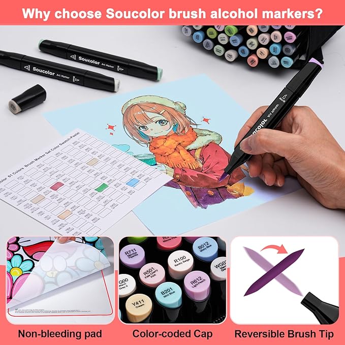 Soucolor 51 Colors Alcohol Markers Brush Tip, Dual Tip Brush Art Markers, 50 Colors+1 Blender, Art Supplies for Kids Artists Adults Coloring Books Drawing Sketching Painting, Birthday Christmas Gift