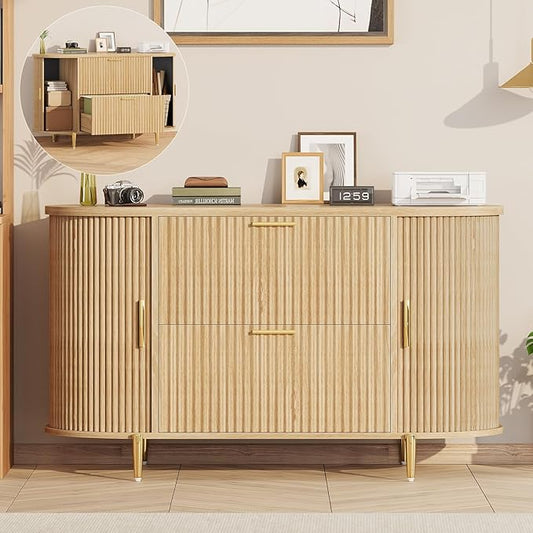 SEDETA 2 Drawer File Cabinet, 39.4" Filing Cabinet for Home Office, fit Legal/Letter/A4 Size, Modern Fluted Filing Cabinets with 2 Sliding Door Storage, Printer Stand, Natrual