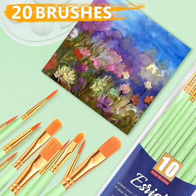 ESRICH Paint Brushes Set,2 Packs 20 Pcs Acrylic Paint Brush Set,Acrylic Oil Watercolor, Face Nail Art, Miniature Detailing,Rock Painting,Painting Artist Professional Kits,Green