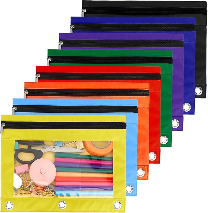 Pencil Pouch for 3 Ring Binder, 8 Pack Pencil Bags with Zipper, Large Capacity Pencil Case for Binder Assorted Color Pencil Case Pouch with Clear Window and Grommets Pencil Pocket for Office Supplies