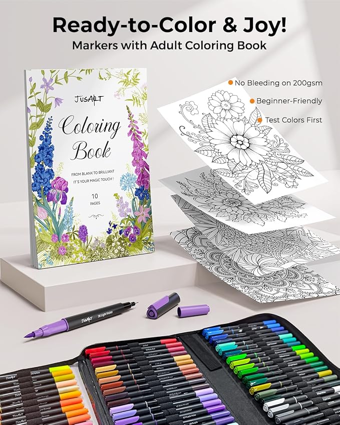 JusArt Markers for Adult Coloring Books No Bleeding, Coloring Markers with Dual Tips, Fine & Brush Pens with Ergonomic Triangle Grip & 33% More Ink, Water-Based Art Drawing Set for Adults, 80 Colors