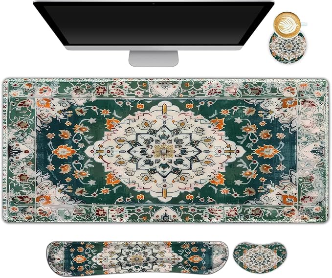 AIMSA Desk Mat Set, Large Mouse Pad + Mouse Wrist Rest + Keyboard Wrist Support + Coaster, 4in1 Rug Gaming Mouse Pad Combo for Home Office, Retro Boho Art