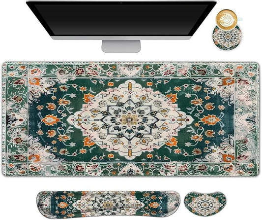 AIMSA Desk Mat Set, Large Mouse Pad + Mouse Wrist Rest + Keyboard Wrist Support + Coaster, 4in1 Rug Gaming Mouse Pad Combo for Home Office, Retro Boho Art