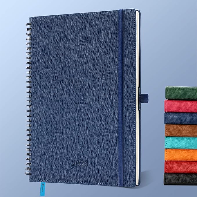 Planner 2026 Daily Weekly and Monthly,11.5"x8.5",12 Months Spiral Bound Calendar Agenda with Self-adhesive Pen Holder,2026 Appointment Book with Vegan Leather Soft Cover,Blue