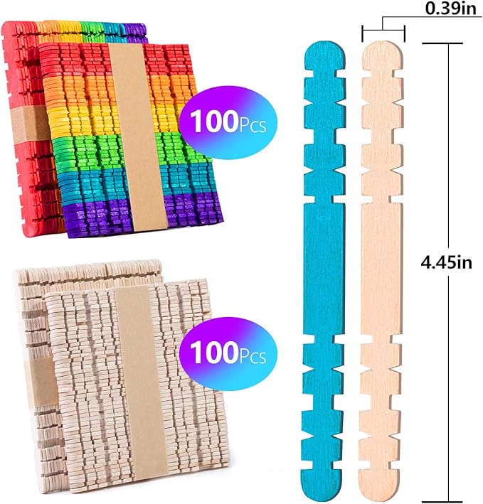 Colorful Wooden Craft Sticks, 200Pcs Popsicle Sticks for Crafts, Natural Jumbo Sawtooth Wooden Stick for DIY Craft, Kids Education Supplies