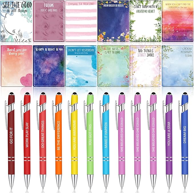 Geyee 24 Pcs Inspiration Sticky Notes with Funny Pens Fun Notepads for Adults Coworkers Nurse 3 x 4 Inch to Do List Notepads with Sayings Pen for Lab Week Gifts Teacher Office Supplies