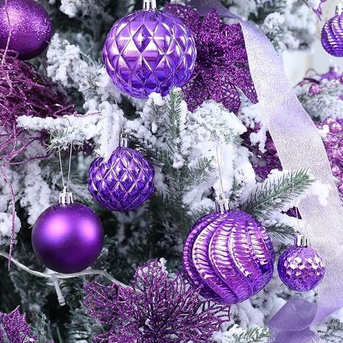 Christmas Balls Ornaments -36pcs Shatterproof Christmas Tree Decorations with Hanging Loop for Xmas Tree Wedding Holiday Party Home Decor,6 Styles in 3 Sizes(Purple)