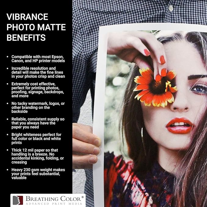 Vibrance Matte Photo Printer Paper 12 mil 230 gsm Matte Finish Premium Photo Paper Roll on 3in Core 24 inches x 100 ft Works with Most Inkjet Printer Professional Makes and Models Like Epson Canon HP