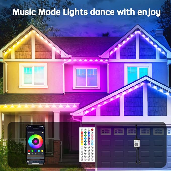 200FT Permanent Outdoor RGB Lights,IP65 Waterproof Smart LED Eaves Lights with App/Remote Control,for Christmas and All Holiday Decor,Daily and Accent Lighting,House Roof and Garden Lighting
