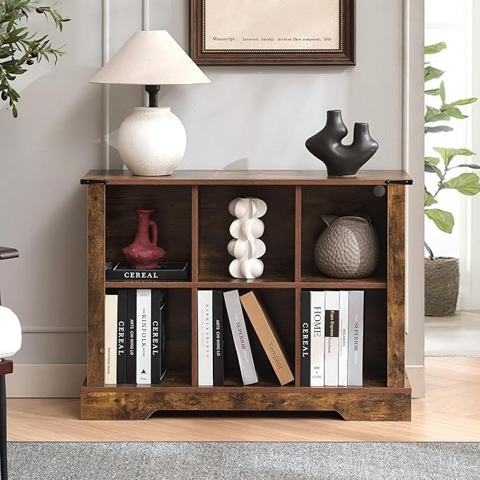 6 Cube Storage Organizer, 2 Tier Bookshelf for Living Room, Farmhouse Bookcase with Led, Kids Toy Storage Cabinet, Wall Cubby Shelves for Home Decor, Wood Display Cabinet for Bedroom, Brown