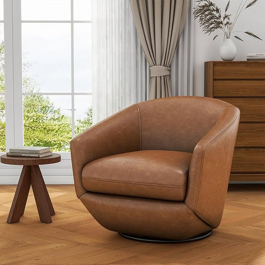 UIXE 360° Swivel Barrel Accent Chair, PU Leather Upholstered Club Armchair for Living Room, Modern Round Arm Chair Single Sofa Bedroom Reading Seating (Brown)