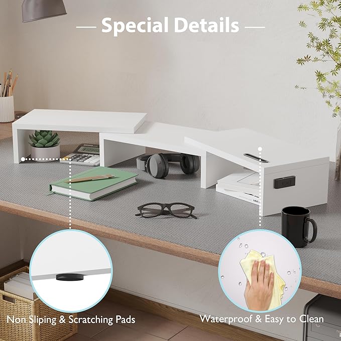 BONTEC Dual Monitor Stand Riser with Smartphone Holder, Adjustable Length & Swivel Angle, Ergonomic Wooden Desktop Organizer for PC Monitor, Laptop, Printer, Large Storage, White