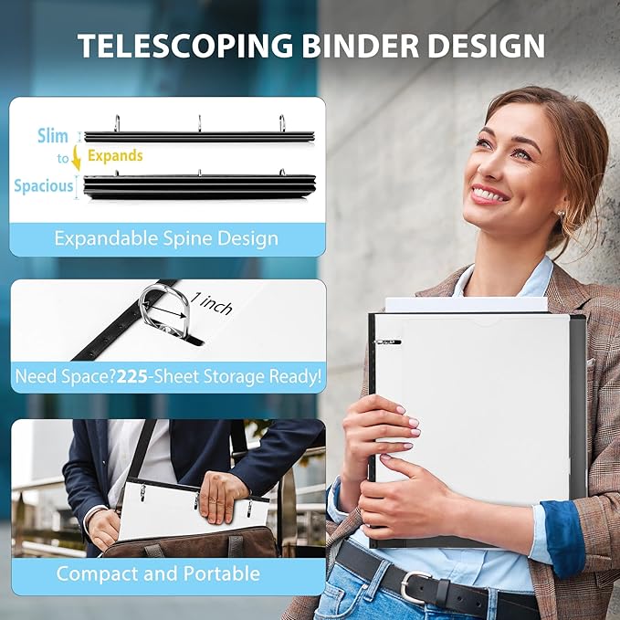 WOT I 12-Pack Telescoping 3 Ring Binder 1 Inch, Expandable Flexible Binder - Patented Design for Easy Portability, Holds 225 Sheets, Perfect for School, Office&Home Organization, White