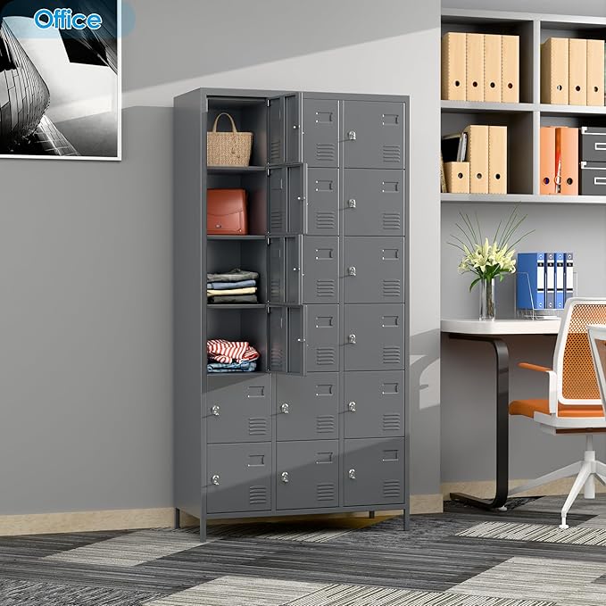 Metal Storage Locker with 18 Doors and Business Card Holder,Metal Lockers for Employees with Lock for School Garage Office Gym,Assembly Required,Dark Grey