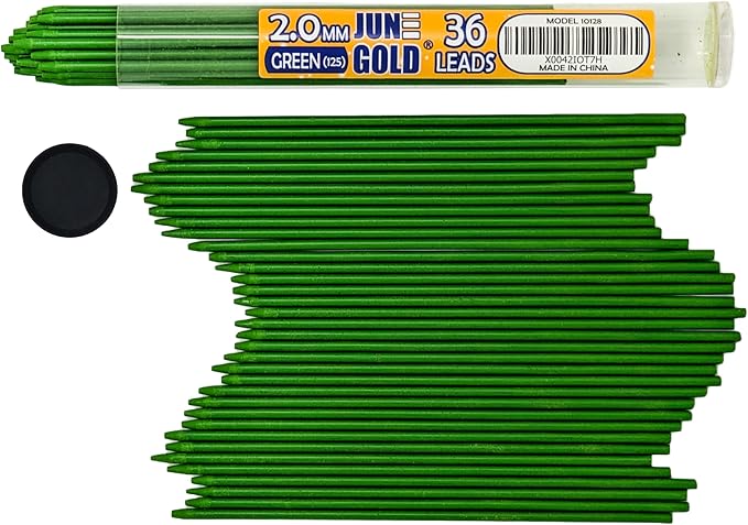 June Gold 36 Green (Parakeet #125) Colored 2.0 mm Lead Refills, Bold Thickness for Heavy Use, Break Resistant with a Convenient Dispenser