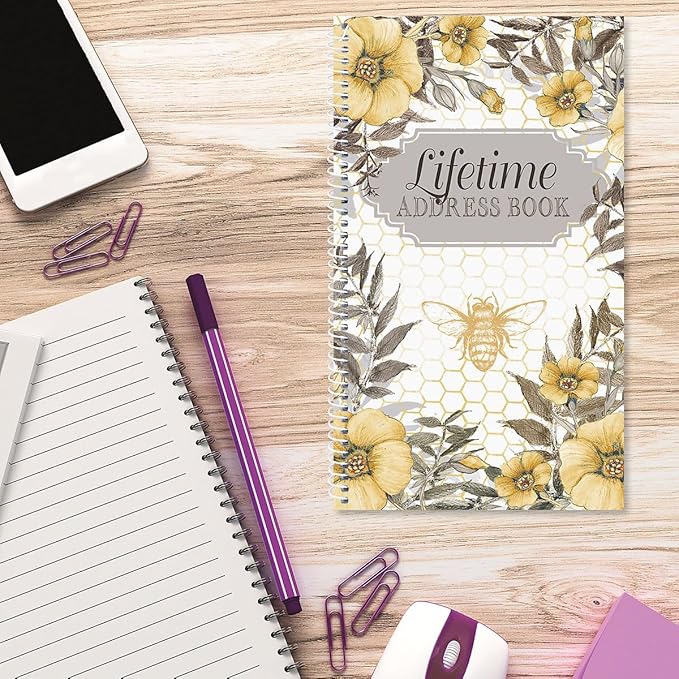 Current Sweet Bee Address Book - 94 Pages; Small 5" x 8-1/2" Size for Purse or Office, Spiral Bound Soft Cover Organizer for Contacts, Addresses, Email, & Phone Numbers + 50 Replacement Stickers