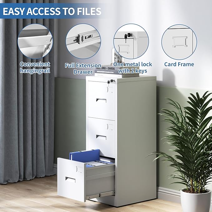 3 Drawer File Cabinets with Lock, White Vertical Filing Cabinet for Home Office, Heavy Duty Metal Storage Cabinets Office Steel Cabinet for Letter Legal Size Files, Assembly Required