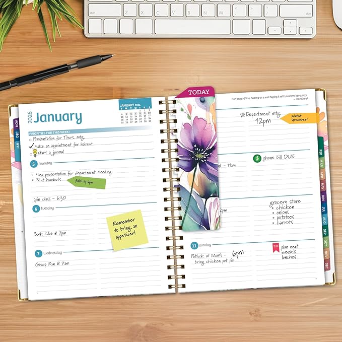 HARDCOVER 2026 Planner, 8.5"x11": 14 Months (November 2025 - December 2026), Daily Weekly Monthly Planner, Yearly Agenda, Bookmark, Pocket Folder and Sticky Note Set (Rainbow Floral)