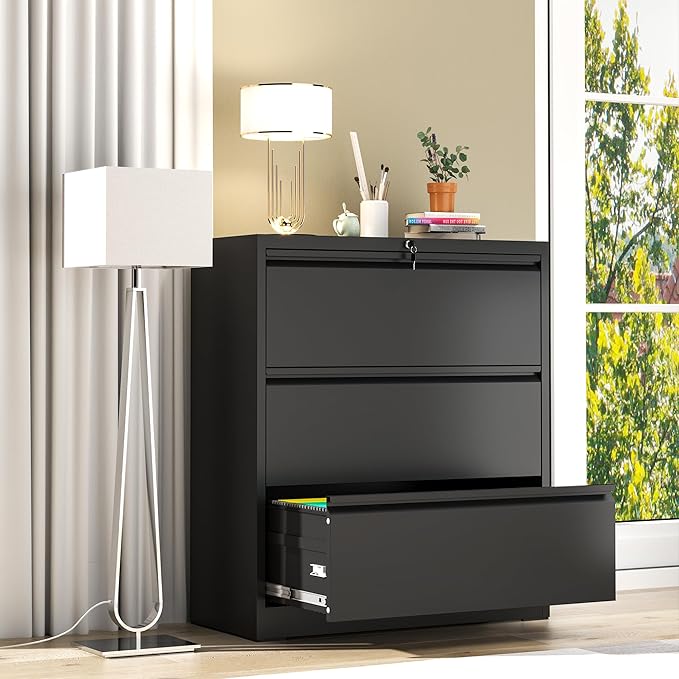 AQY3 Drawer File Cabinet with Lock,Metal Lateral File Cabinets for Home Office,Steel Wide Filing Organization Storage Cabinets for Hanging Files Letter/Legal/F4/A4 Size Assembly Required(Black)