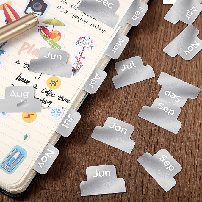 72 Pieces Adhesive Monthly Planner Tabs Monthly Index Stickers Decorative Label Calendar Stickers for Office Study Planner Journal Notebook Back to School Accessories(Silver)
