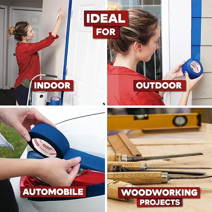 XFasten Blue Painters Tape Bulk, 1.88 Inch x 60 Yards, 1440 Yards Total (24-Pack) Blue Painters Masking Tape Bulk - Sharp Edge Line Technology, Produces Sharp Lines | Residue-Free Wall Trim Tape