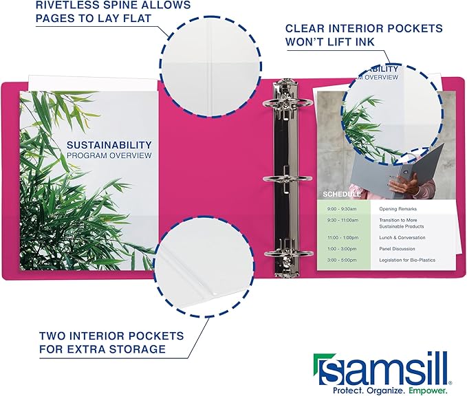 Samsill Durable 1 Inch Binder, Made in The USA, D Ring Binder, Customizable Clear View Cover, Magenta, Holds 225 Pages