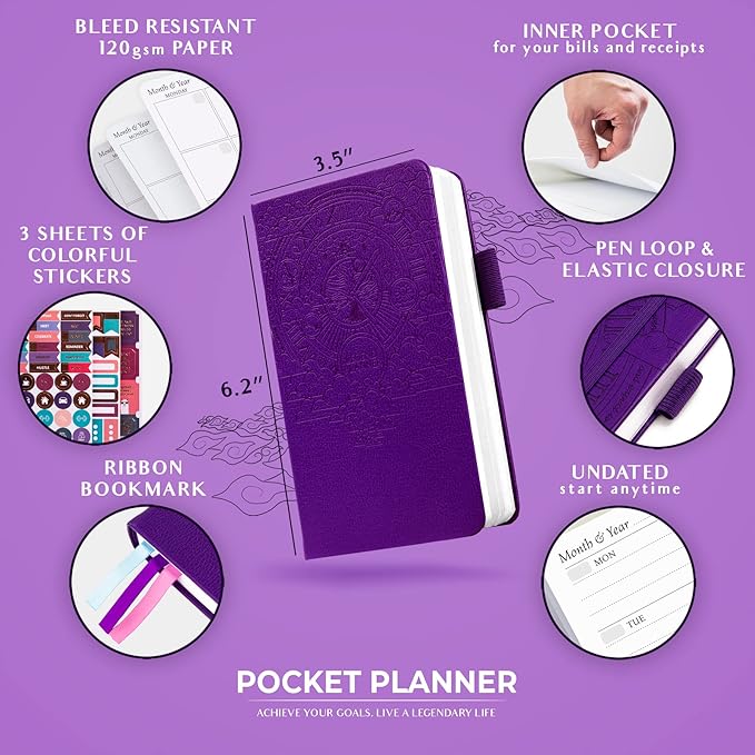 Legend Planner Pocket – Small Undated Monthly & Weekly Goal Journal and Calendar for Productivity, Mini Life Organizer Planner Perfect for Purse, Size: 3.5" x 6.2" Hardcover – Dark Purple