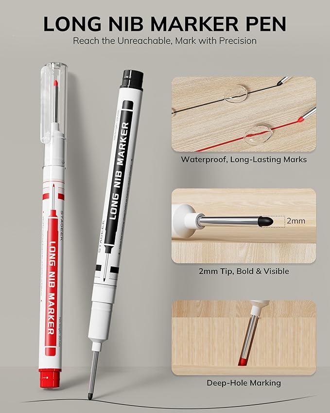2PCS Carpenter Pencils with Sharpener, Heavy Duty Woodworking Tools, Mechanical Pencil Set with 26 Refills, Deep Hole Long Nib Marker Pens for Architect Marking with Case (Black, Red)