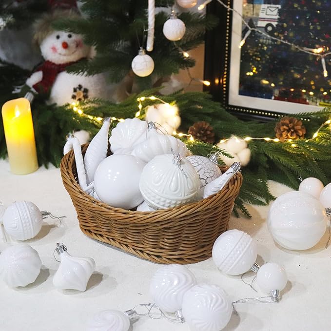 Christmas Tree Ornaments 36 pcs Multi-Size Candy Cane Shatterproof Ball Ornaments Set for Christmas Holiday Wreath & Party Decorations,White