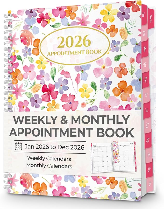 CRANBURY Daily Planner 2026, 8.5x11 Appointment Book, Jan to Dec 2026, 15-Min Hourly Scheduler, Large Planner Book with Colorful Tabs, Premium Paper (Blossoms)
