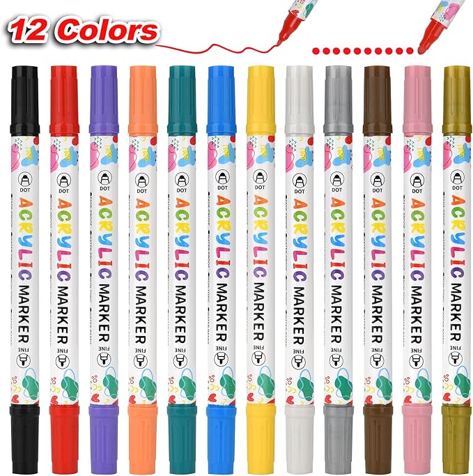 12 Colors Acrylic Paint Pens, Dual Tip Acrylic Paint Markers for Paper, Wood, Canvas, Stone, Rock Painting, Glass, Fabric, DIY, Ceramic, Art Supplies for Kids and Adults Drawing (Dot + Fine)