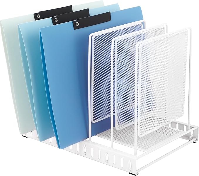 EASEPRES 5 Section Vertical Metal Mesh Desk File Organizer, Spacing Adjustable Upright Desktop Paper Mail Document Magazine Sorter Folder Holder for Workspace Office School Home, White