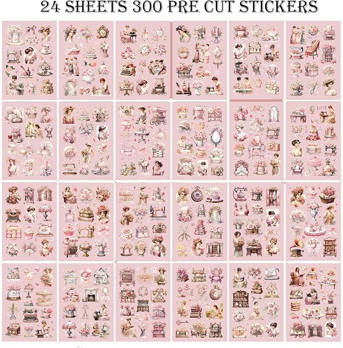 Vintage Ephemera Sticker 24 Sheets precut 300 washi Stickers Paper People Journal Stickers for Adults Junk journaling Sticker Book Scrapbooking Supplies