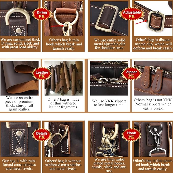 Masa Kawa Leather Briefcase for Men 15.6" - 17" Laptop Computer Case Business Travel Work Messenger Cross Body Shoulder Bag