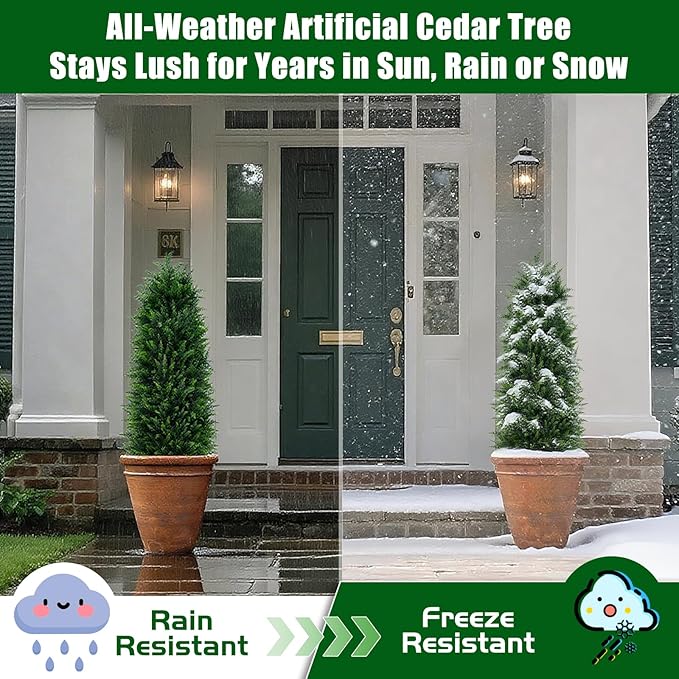 Artificial Cedar Trees 5FT, UV Resistant Faux Tree Potted Plants with Trunk 59in Fake Cypress Tree for Indoor Outdoor Garden Decor-2pack