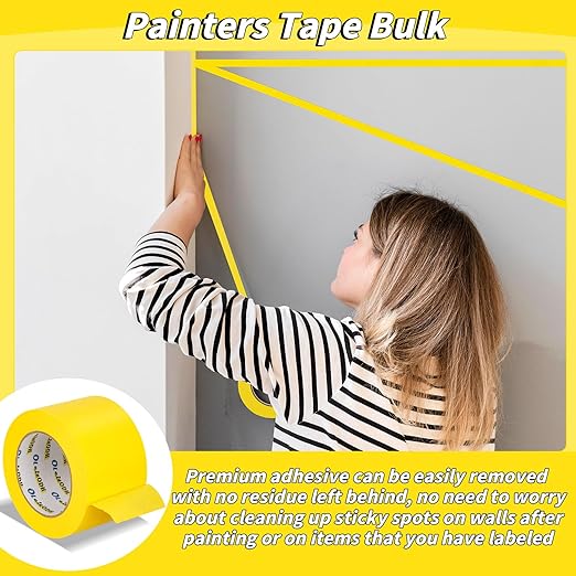 6 Rolls Yellow Painters Tape Bulk 3 inch x 60 Yards, Total 360 Yd, Painters Masking Tape No Residue Wall Painting Tape Artist Tape Trim Edge Finishing Tape for Wall Painting Decoration DIY Supplies