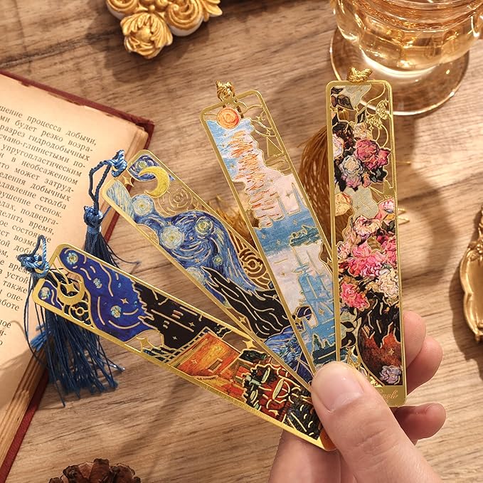 4 Pieces Metal Bookmarks with Tassel, Golden Hollow Bookmark Monet Oil Painting Theme Book Mark Bookmarks for Book Lovers Writers Readers Children Teens for Women Adults