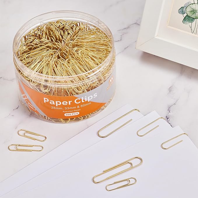 NEEWAY 500pcs Gold Paper Clips Assorted Sizes Small, Medium and Large Paperclips for Paperwork Ideal for Home, School and Office Use