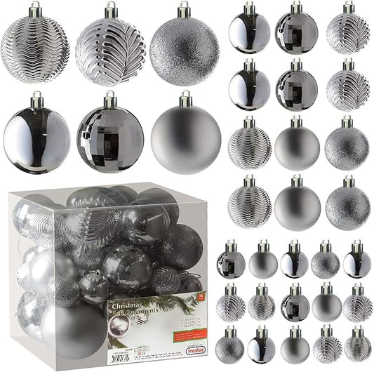 Prextex 36pc Silver Christmas Ornaments Set - Shatterproof Christmas Tree Ornaments in 3 Sizes and 6 Styles - Hanging Balls with Loops in Matte, Shiny, and Glitter Finishes for Indoor-Outdoor Display