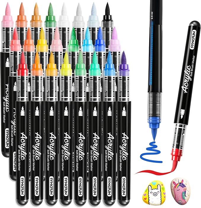 SYNCFUN 24 PCS Acrylic Paint Markers, Brush Tip Markers, Waterproof Paint Coloring Pens for Drawing, Art Supplies & Kids DIY Craft, Fabric, Canvas, Rock Painting, Wood, Glass, Ceramic, Metal