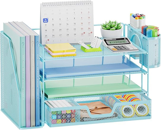 Marbrasse Desk Organizer and Accessories，4-Tier Paper Letter Tray Organizer with File Holder, Desk Accessories & Workspace Organizers with Drawer and 2 Pen Holder (Blue, 15.4" x 9.1" x 8.3")