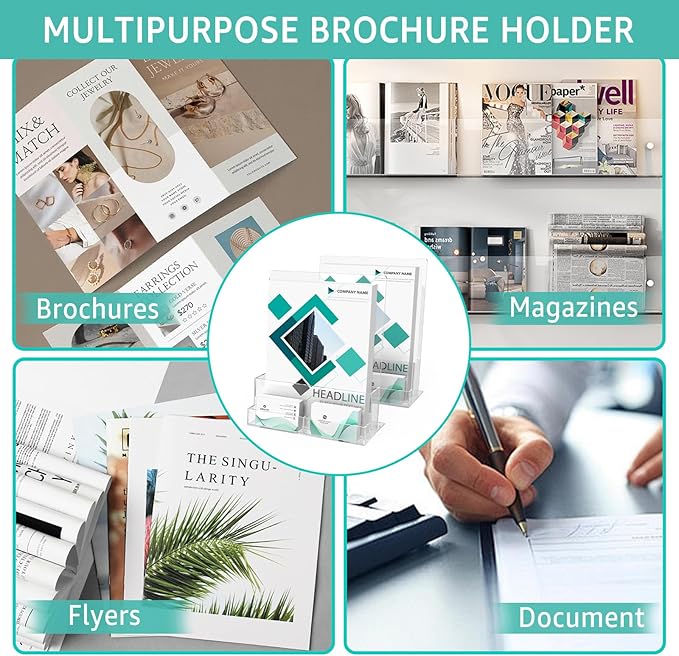 2 Pack Acrylic Brochure Holder 8.5 x 11 Inch with Business Card Holder, Clear Acrylic Brochure Holders Plastic Flyer Display Stand for Magazine, Pamphlet, Booklets, Menu, Journals, Literature