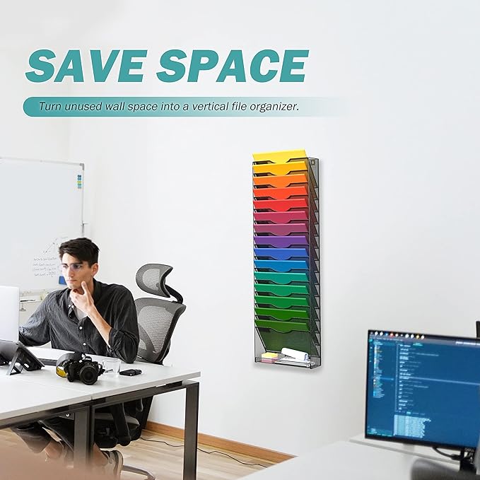 16-Tier Wall Mounted Hanging File Organizer Wall File Holder Metal Mesh Vertical Magazine Rack Classroom Office Organization