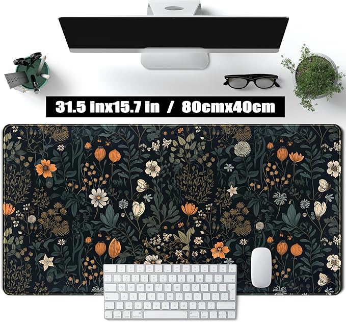 Cute Dark Floral Desk Mat Vintage Flowers Plant Mouse Pad XXL Large Extended Gaming Mousepad Women Office Decor Desk Pad, Big Laptop Computer Keyboard and Mouse Mat with Stitched Edges, 31.5x15.7 in