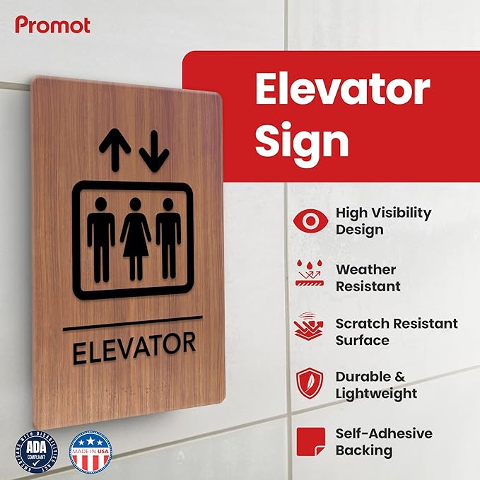 Promot Elevator Sign – ADA Braille Elevator Decor for Business, Self-Adhesive, 9" x 6", Commercial Door Signage, Office Wall Decor - Chestnut
