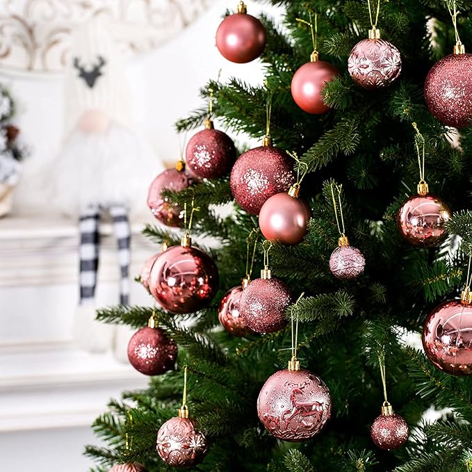 Senjie Rose Gold Shatterproof Christmas Ornaments, 32 Pcs, Plastic, Hanging, Christmas, Wedding
