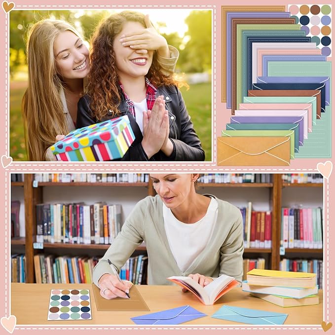 TaoBary 160 Packs Stationery Paper Set (50 Double Sided Stationery Writing Papers 50 Matching Envelopes) 60 Round Dot Sticker, 10 Design(11 x 8.5 Inch,Morandi Color)