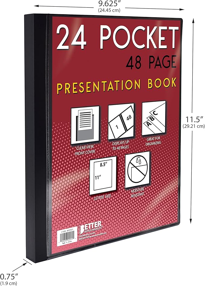 Better Office Products 24 Pocket Bound Presentation Book, Black with Clear View Front Cover, 48 Sheet Protector Pages, 8.5" x 11" Sheets, Art Portfolio, Durable Poly Covers, Letter Size, Black